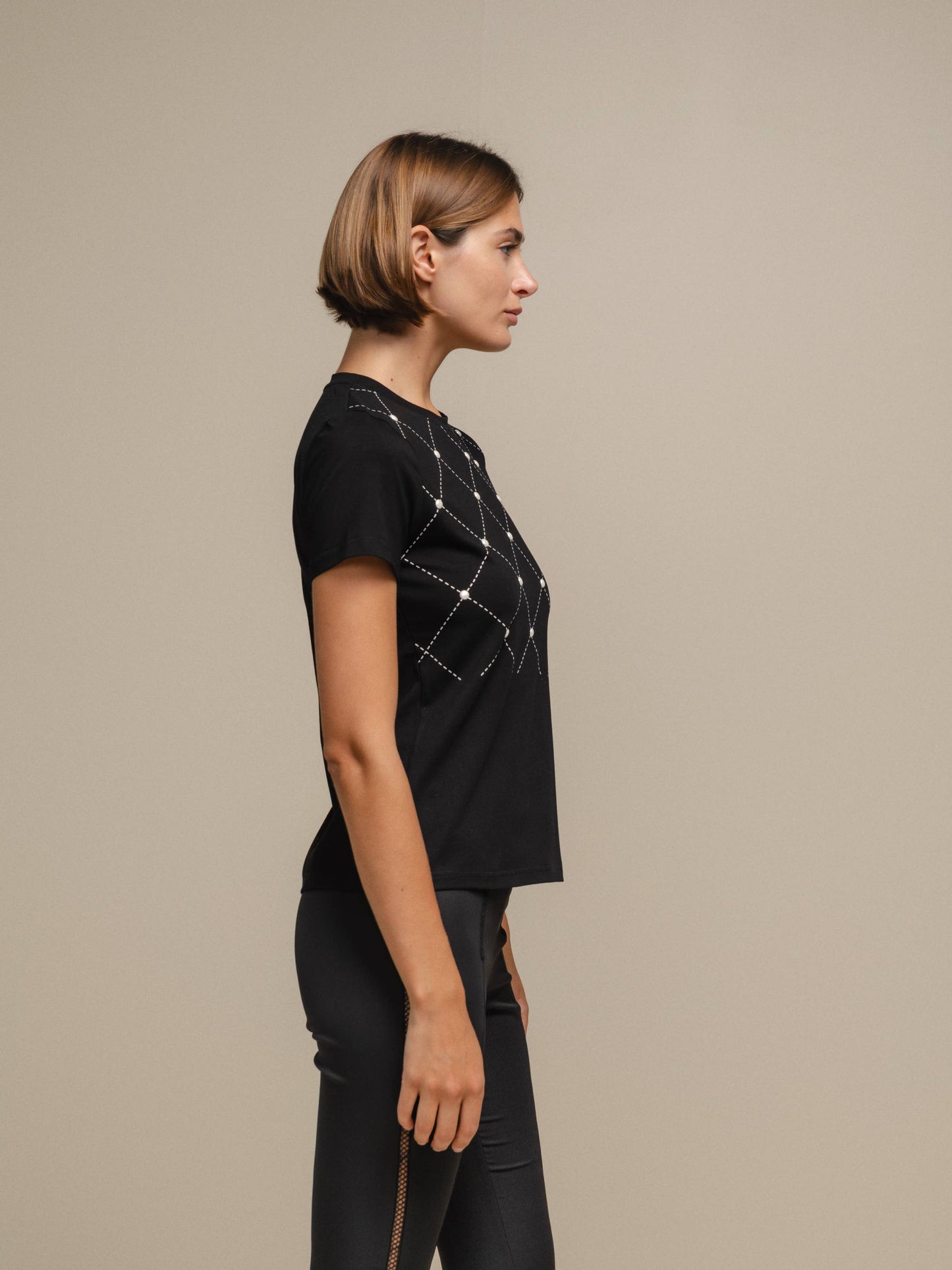 T-shirt Donna in Cotone Elasticizzato con Motivo a Rombi e Perle