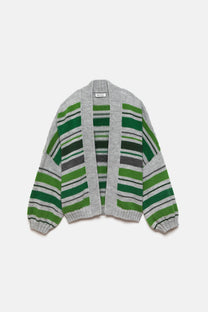 Cardigan in maglia a righe con maniche a palloncino