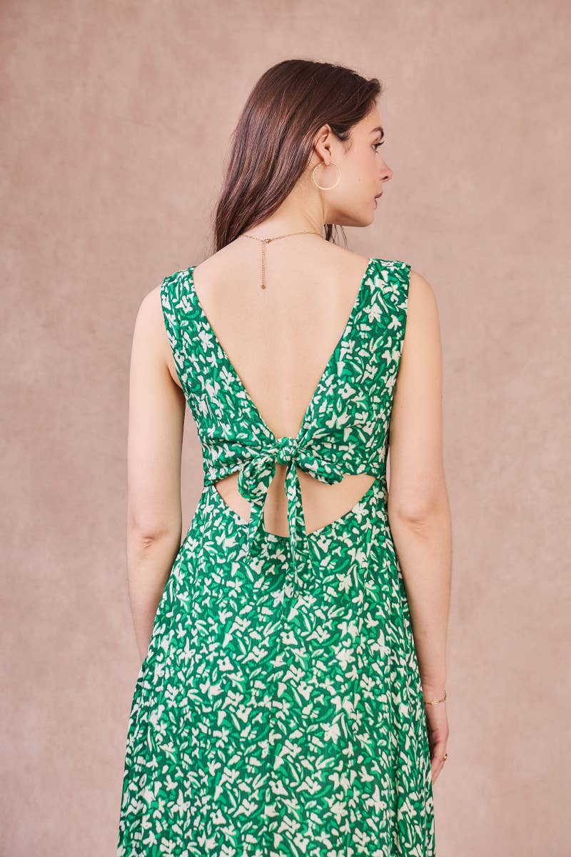 Abito lungo Rose con schiena scoperta e stampa verde