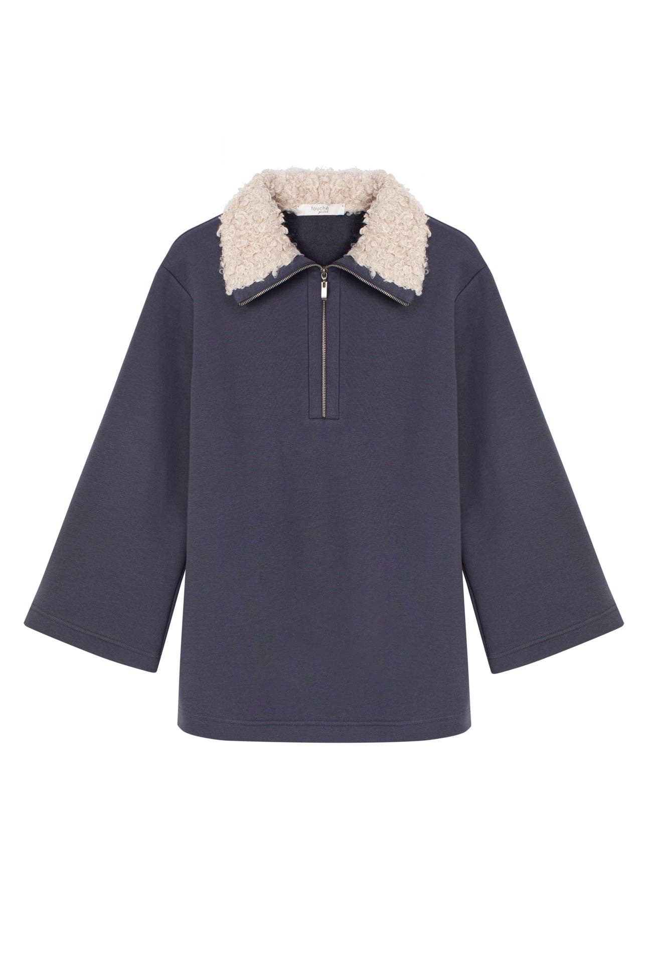Felpa oversize con collo in pelliccia sintetica e mezza zip