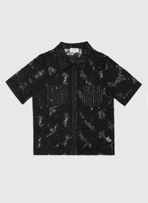 Camicia in pizzo nero con colletto e maniche corte