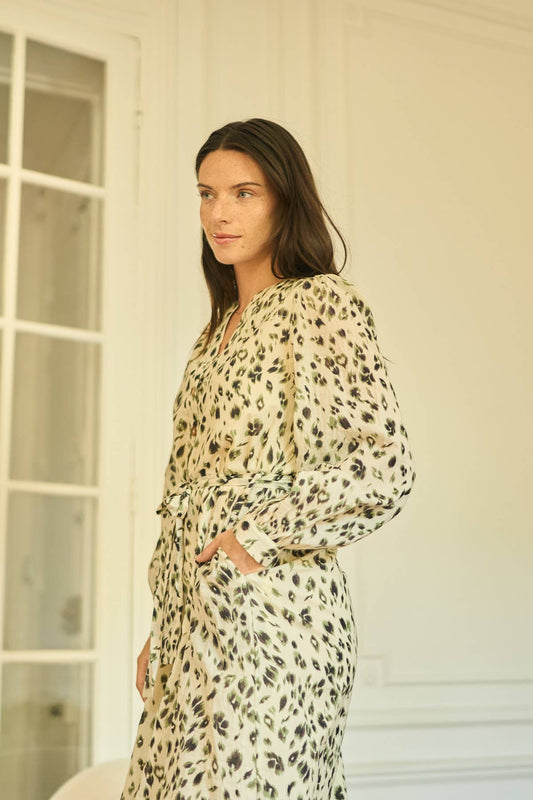 Abito midi in cotone con stampa animalier e cintura