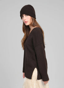 Maglione oversize con scollo a V color cioccolato
