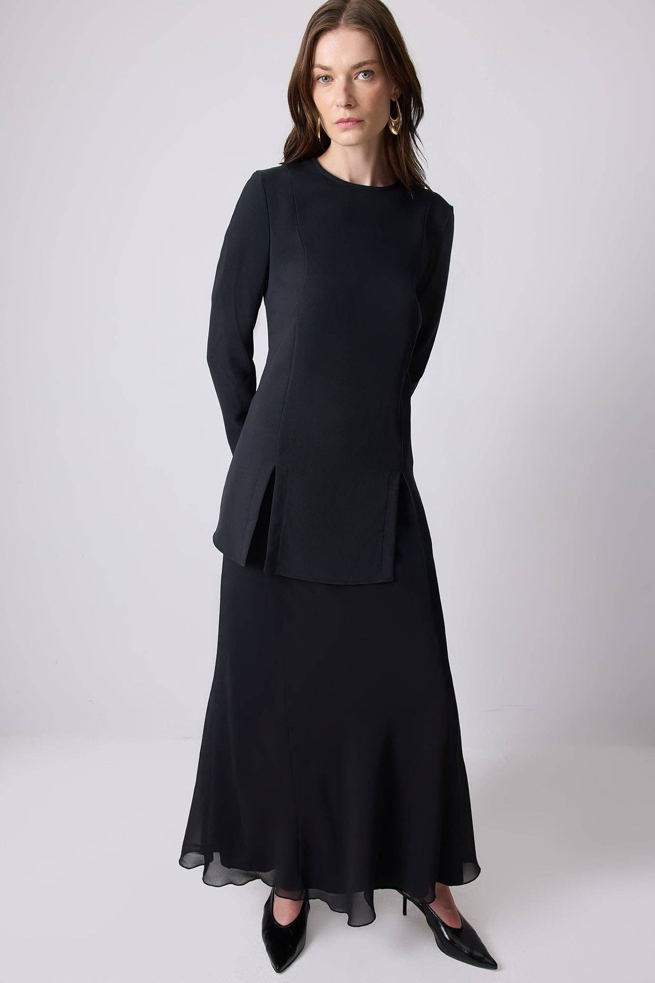 Gonna lunga in chiffon nero con orlo trasparente