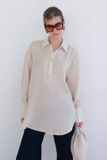 Tunica melange beige con colletto a camicia