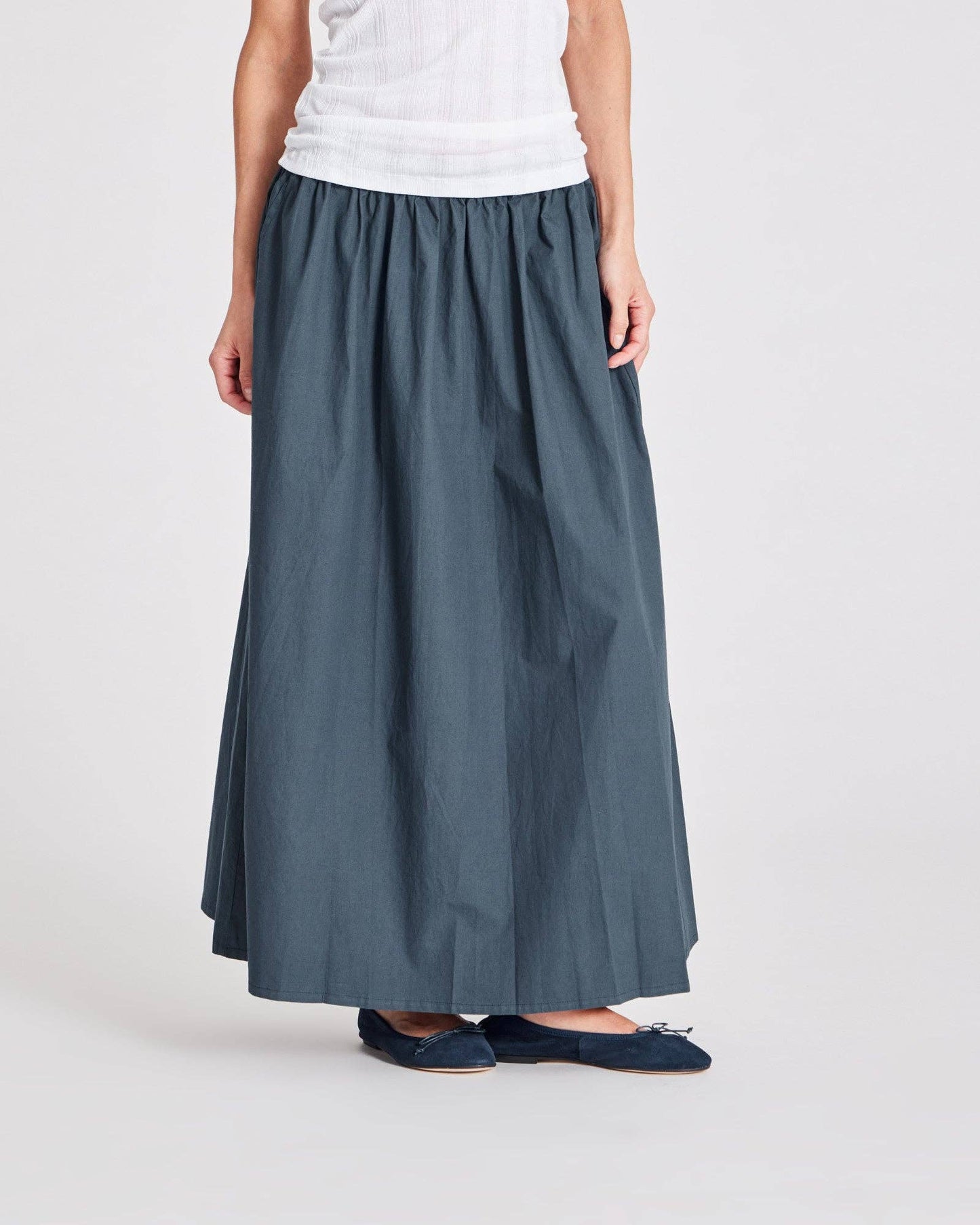 Gonna lunga Astrid in popeline di cotone biologico blu denim