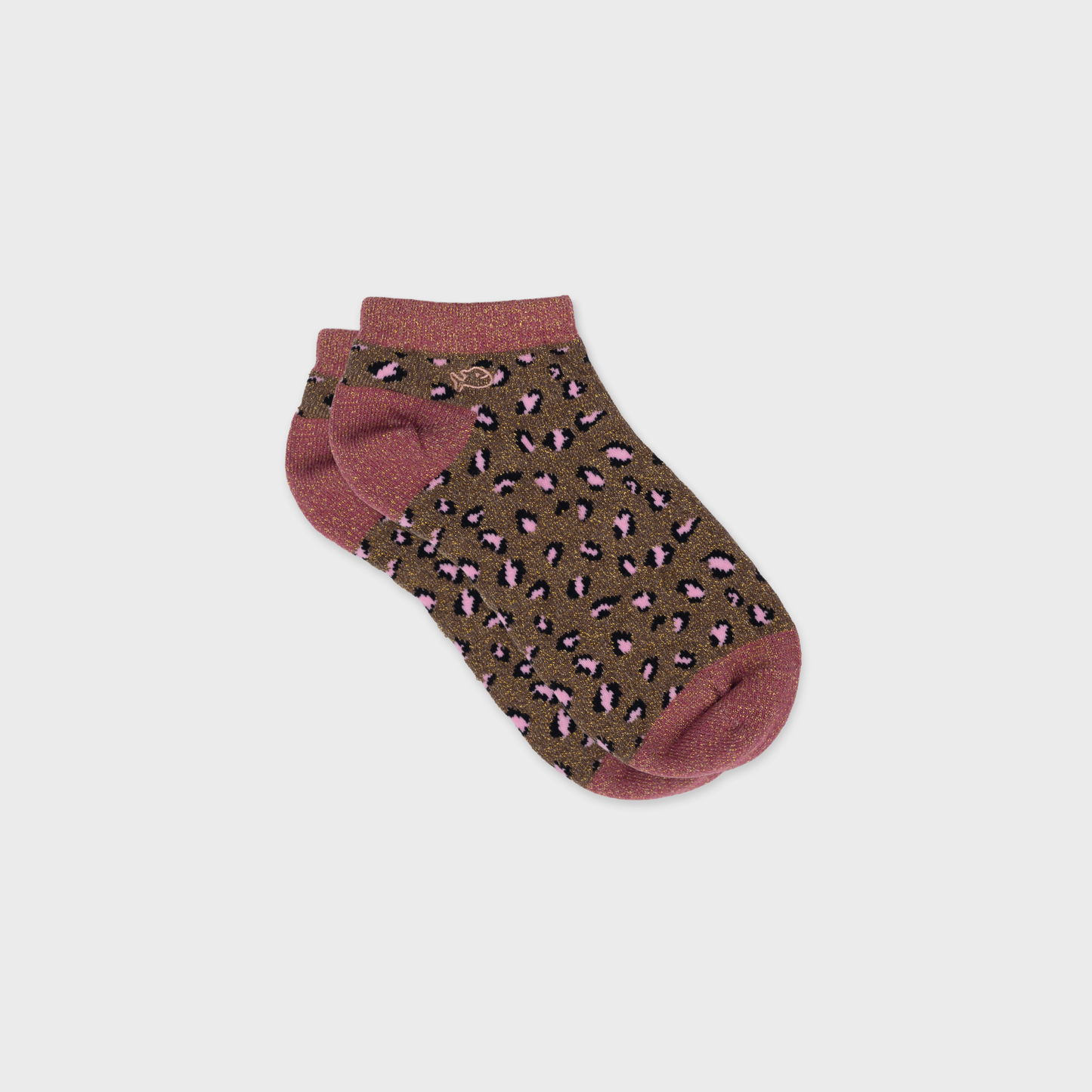 Calzini bassi glitterati leopardati in cotone pettinato marrone e rosa