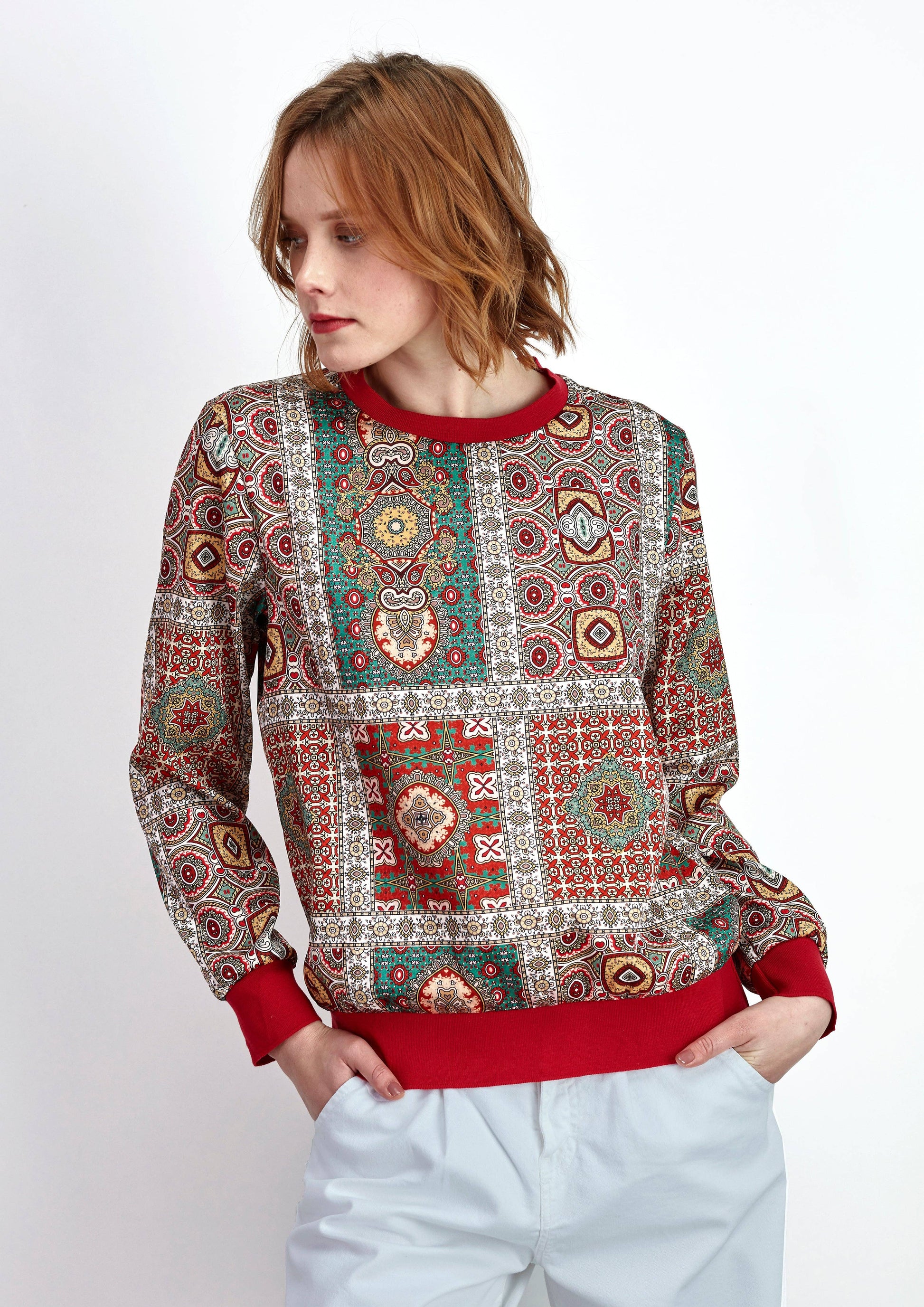 Felpa girocollo stampata patchwork multicolor