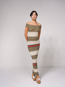 Vestito lungo aderente in rete brillante con lurex