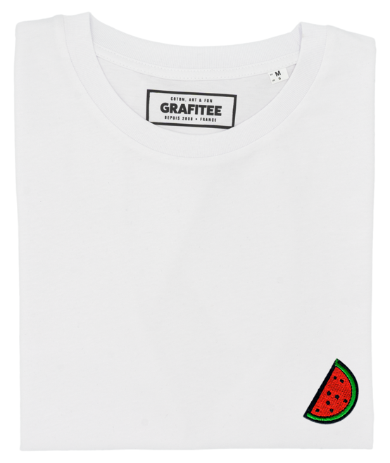 T-shirt bianca con anguria ricamata in cotone biologico