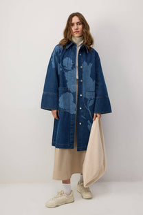 Giacca lunga in denim con stampa floreale