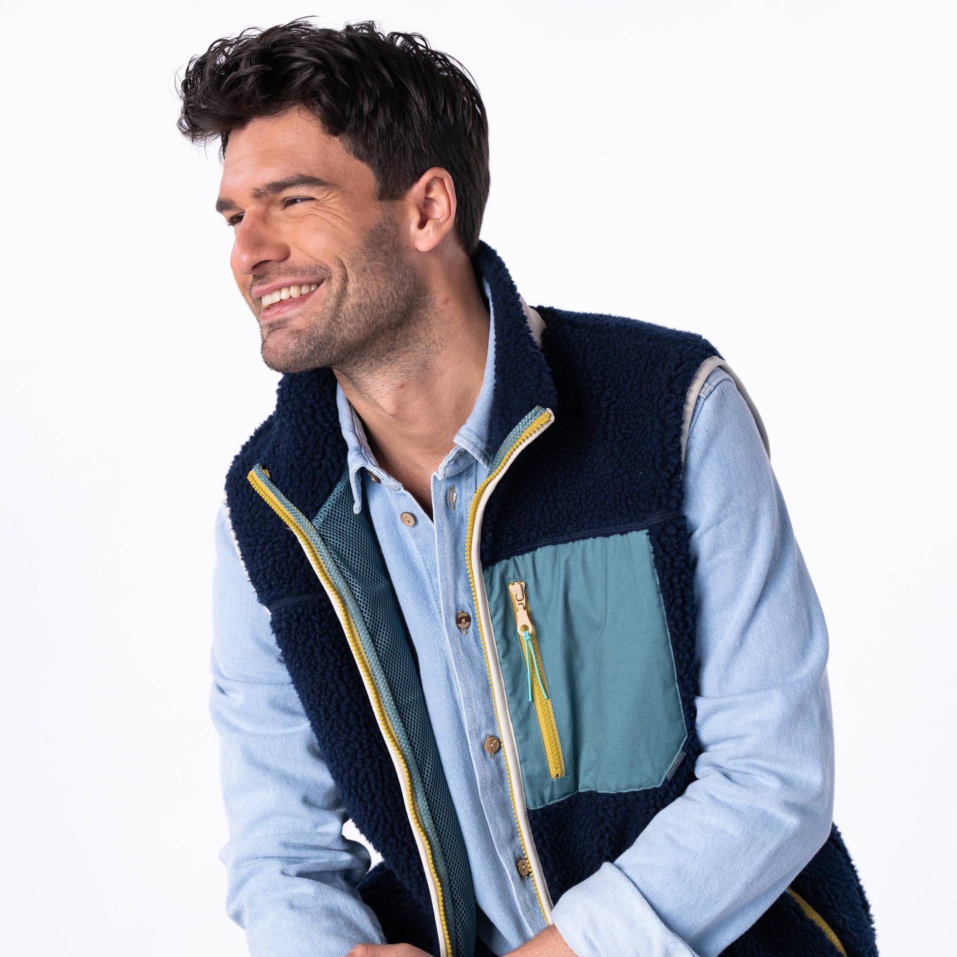 Gilet sherpa unisex con zip bicolor blu navy e verde