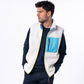 Gilet sherpa unisex avorio e blu con zip