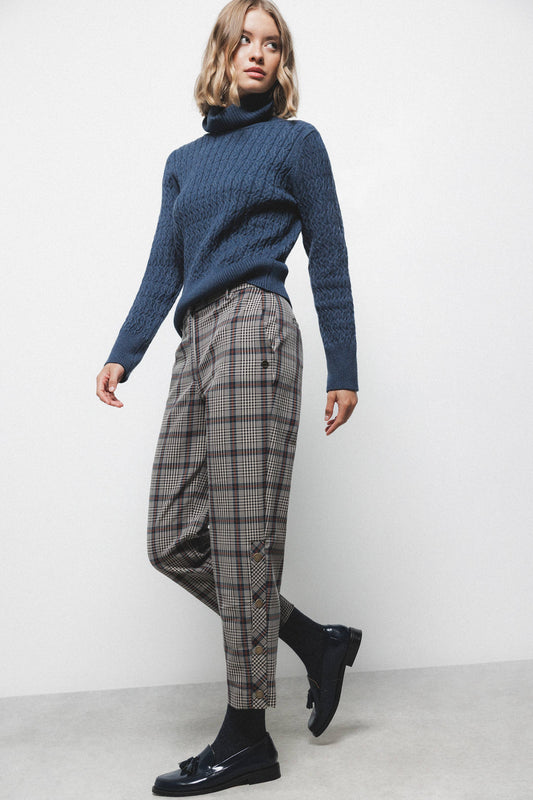 Pantaloni slim Principe di Galles con bottoni laterali