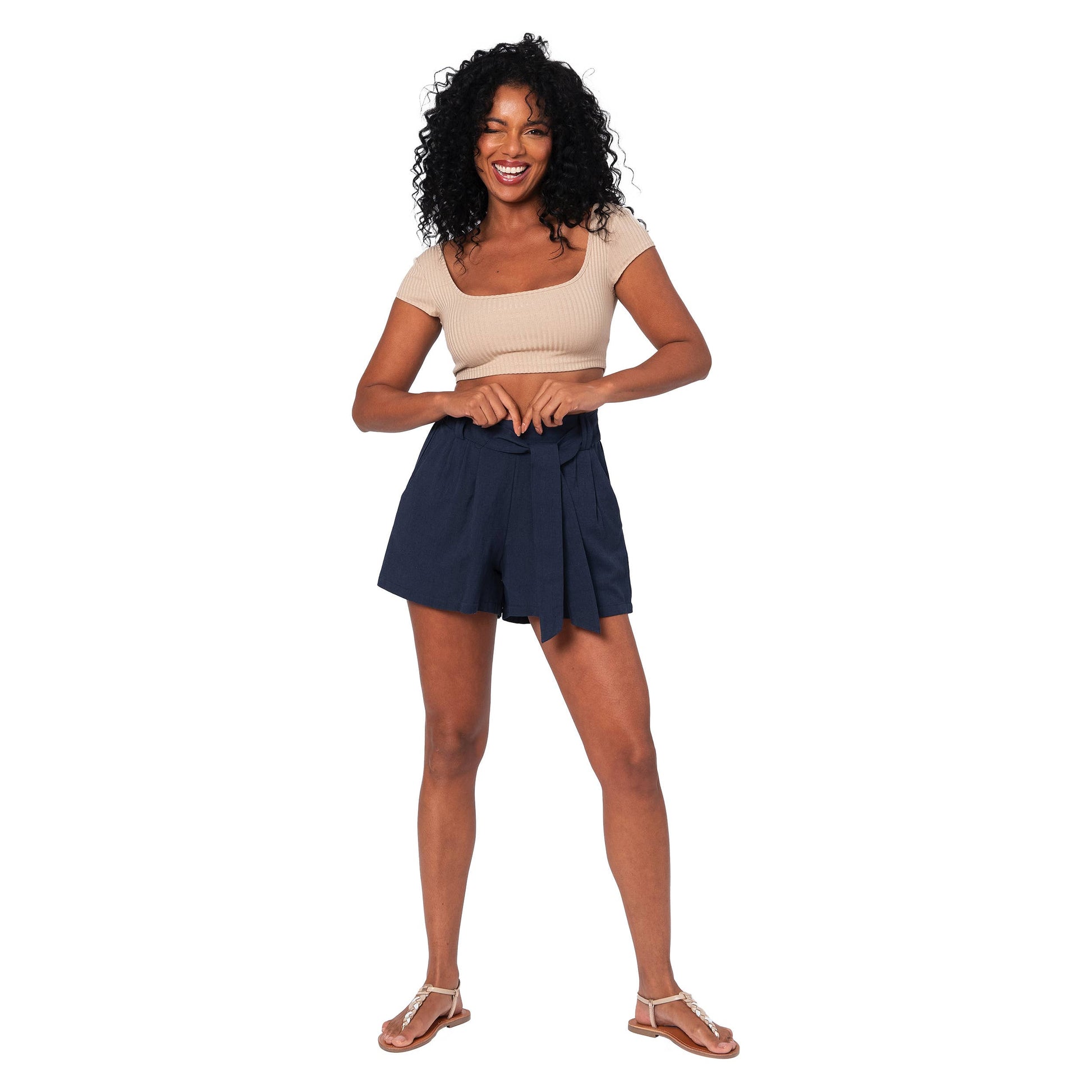 Short estivi boho in cotone e lino blu navy