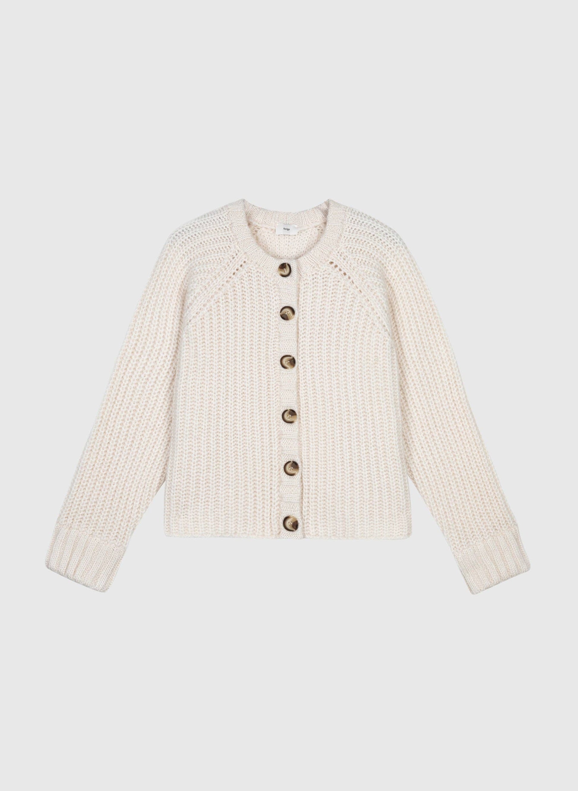 Cardigan in maglia calda écru con bottoni effetto corno