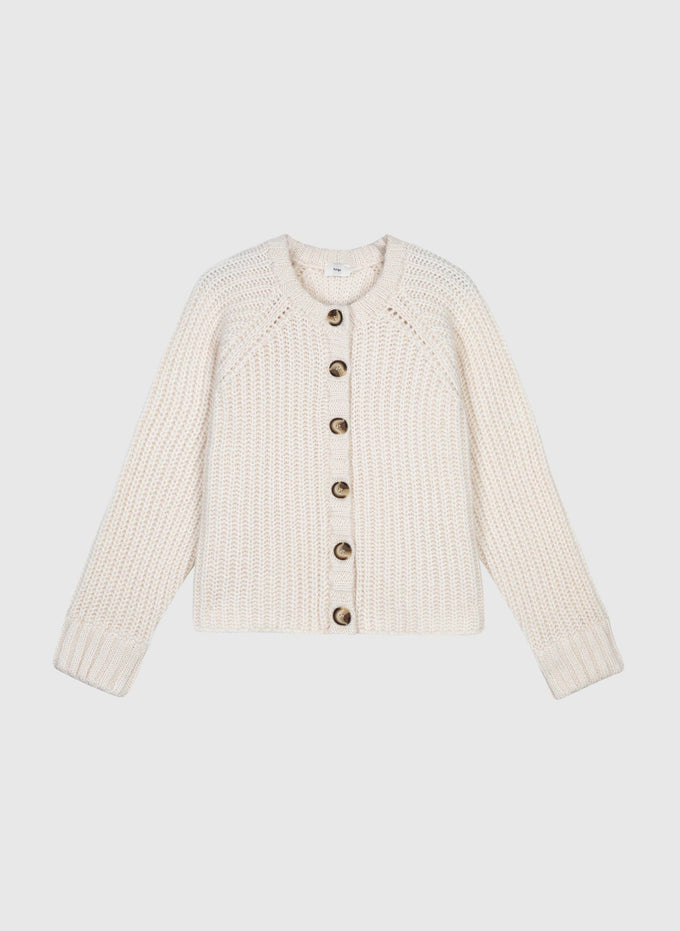 Cardigan in maglia calda écru con bottoni effetto corno