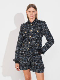 Blazer bouclé corto con bottoni gioiello