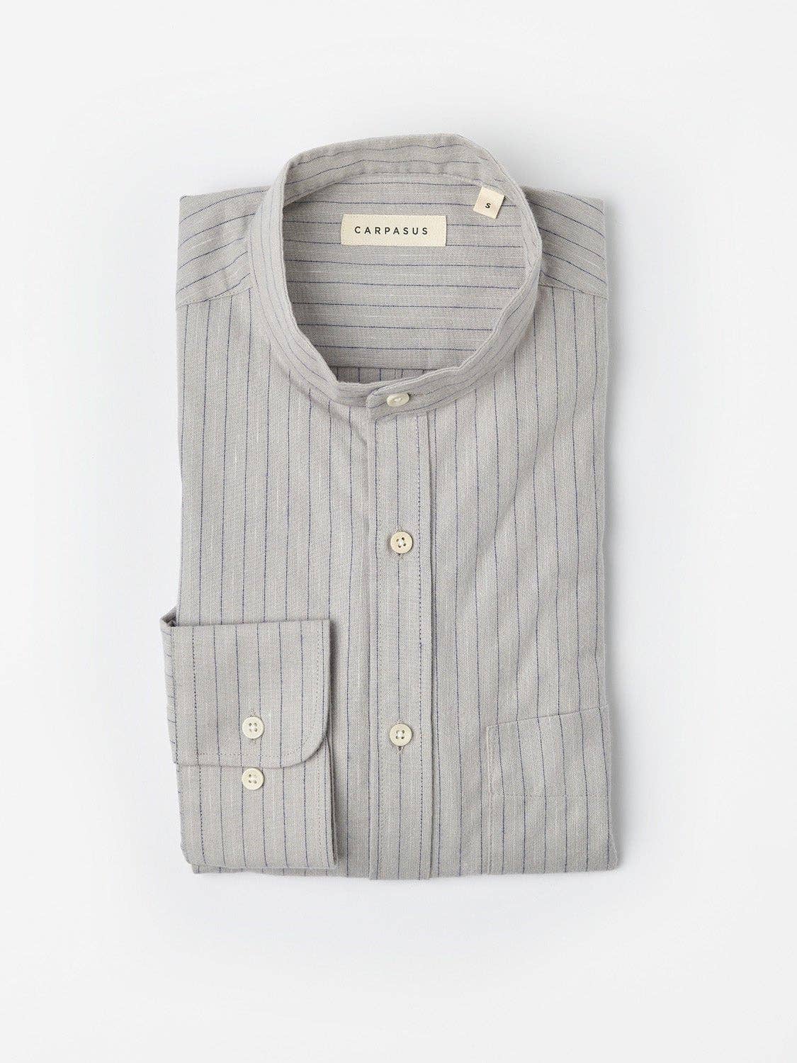 Camicia in flanella grigia a righe con collo alla coreana