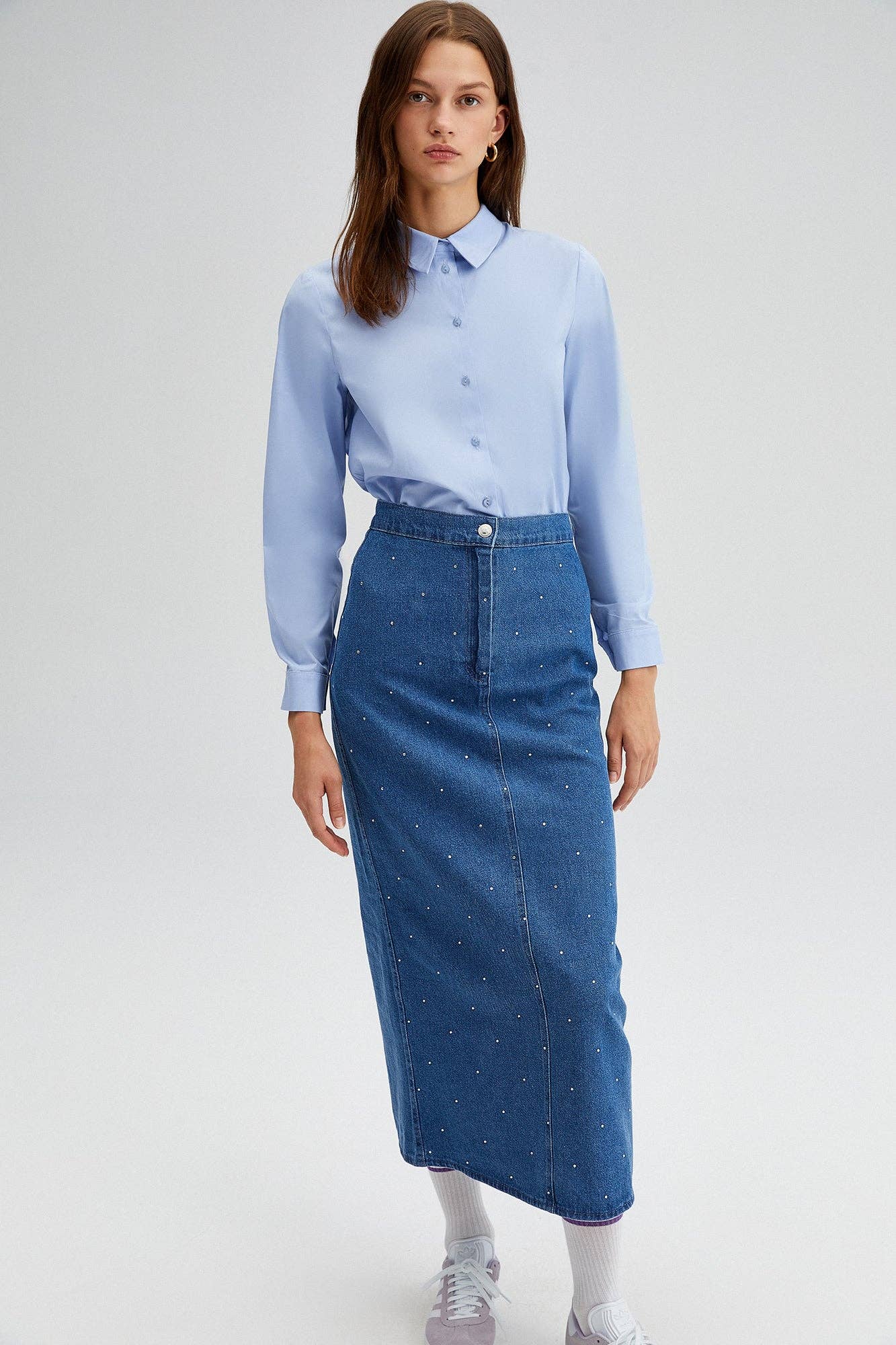Gonna lunga in denim con strass