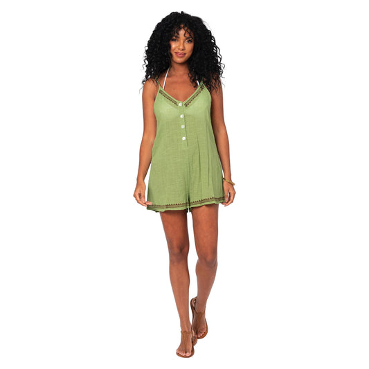 Tuta corta estiva smanicata boho in cotone verde