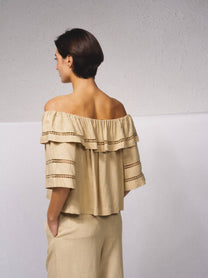 Tunica in misto lino con scollo a fascia e ricami