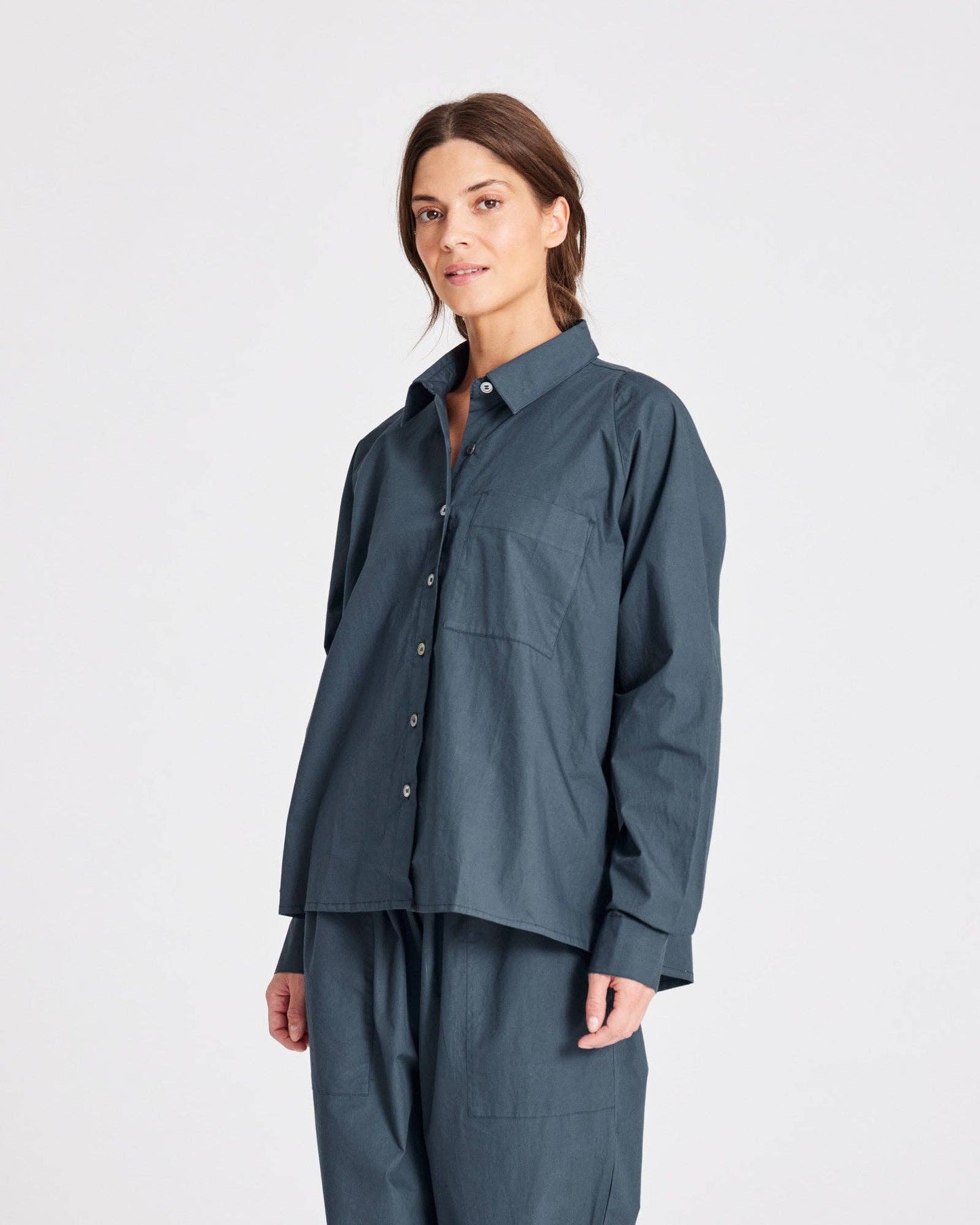 Camicia corta Bella in popeline di cotone biologico blu denim