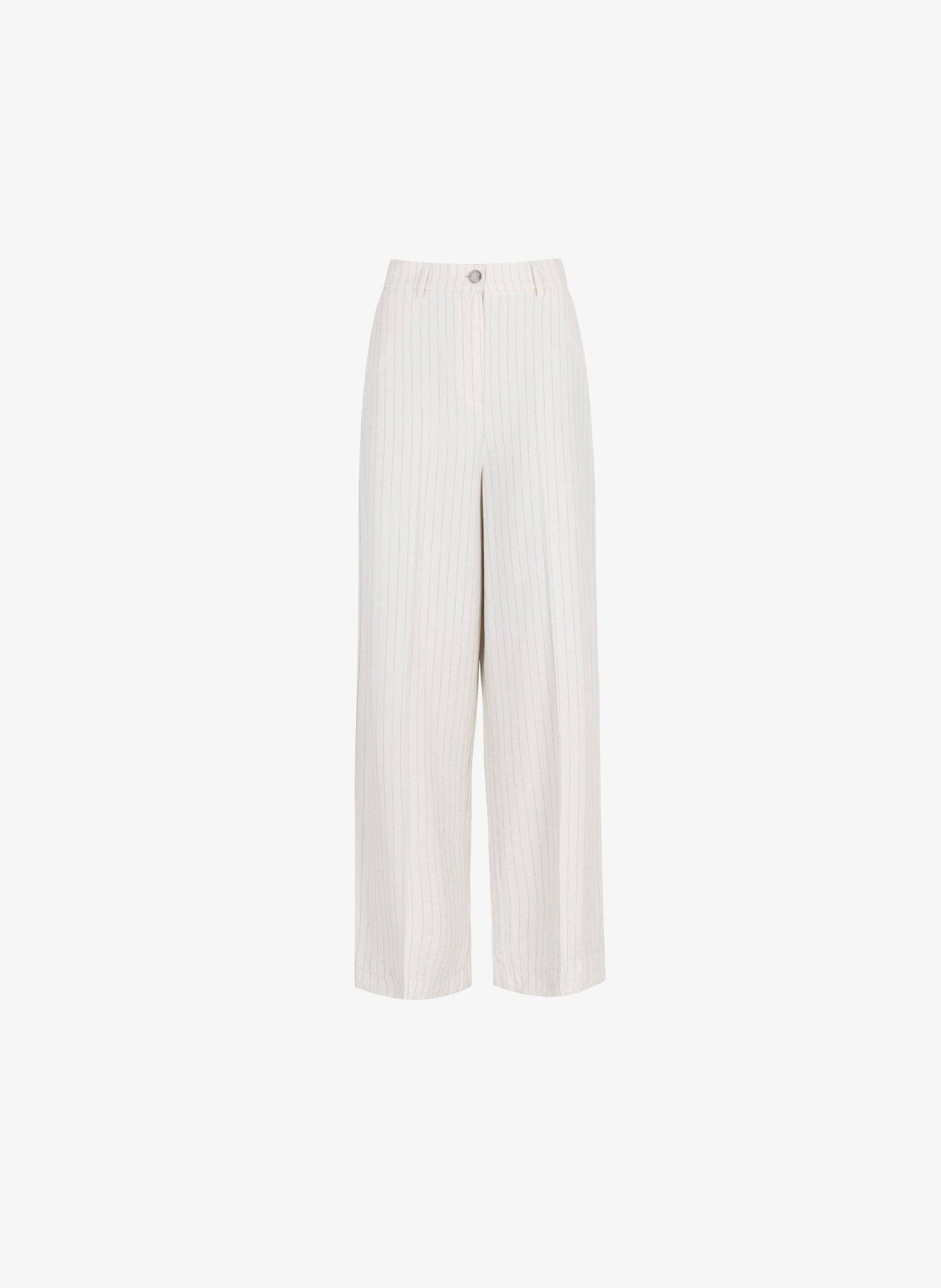 Pantaloni a Vita Alta Beige a Righe Sottili
