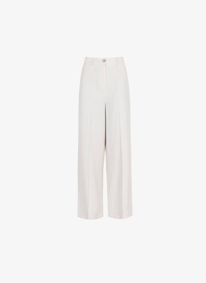 Pantaloni a Vita Alta Beige a Righe Sottili