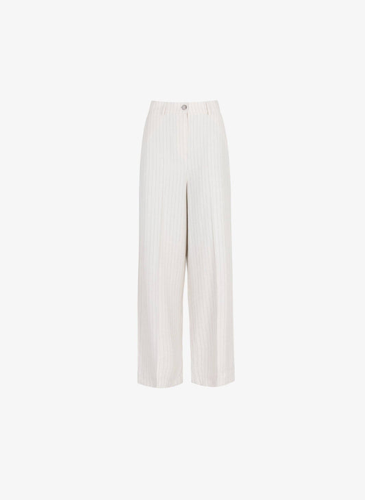 Pantaloni a Vita Alta Beige a Righe Sottili