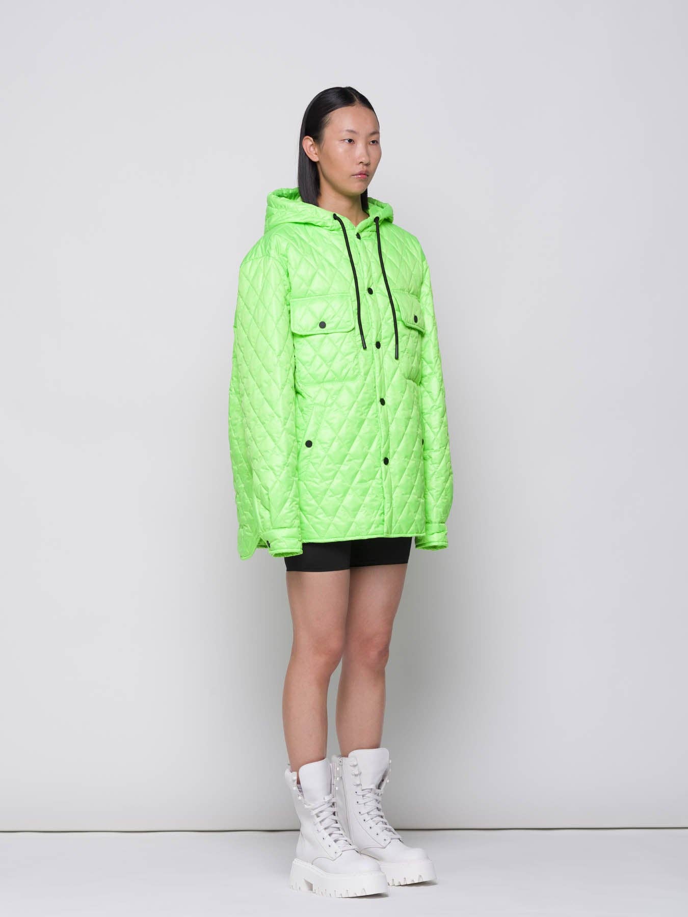 Giacca trapuntata a rombi verde fluo con cappuccio