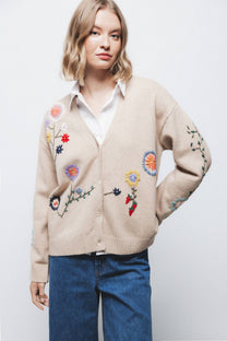 Cappotto cardigan in maglia con ricamo floreale