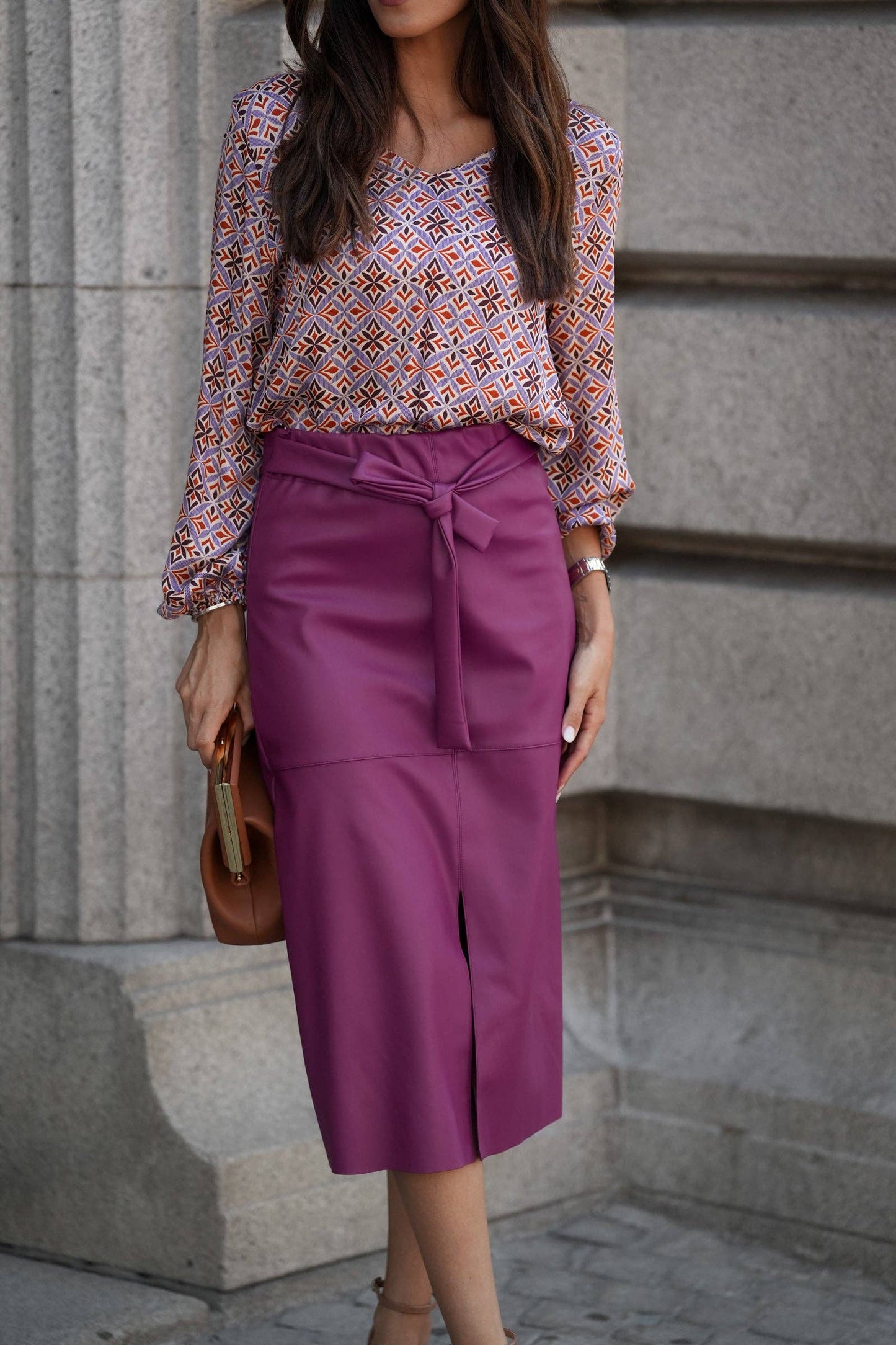 Gonna midi in ecopelle con cintura