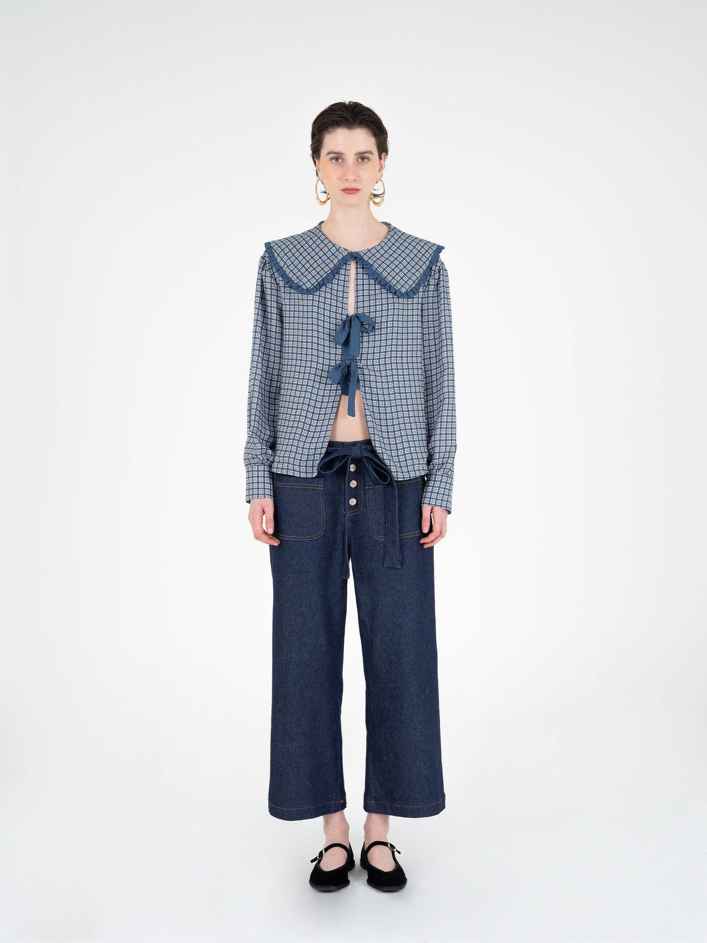 Blusa tartan romantica con maxi colletto e fiocchi