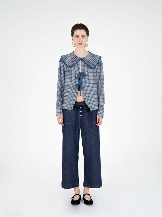 Blusa tartan romantica con maxi colletto e fiocchi