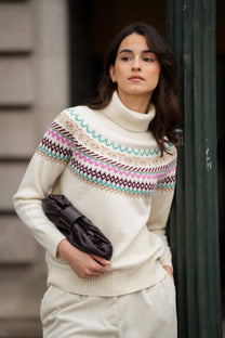 Maglione beige jacquard multicolore a collo alto