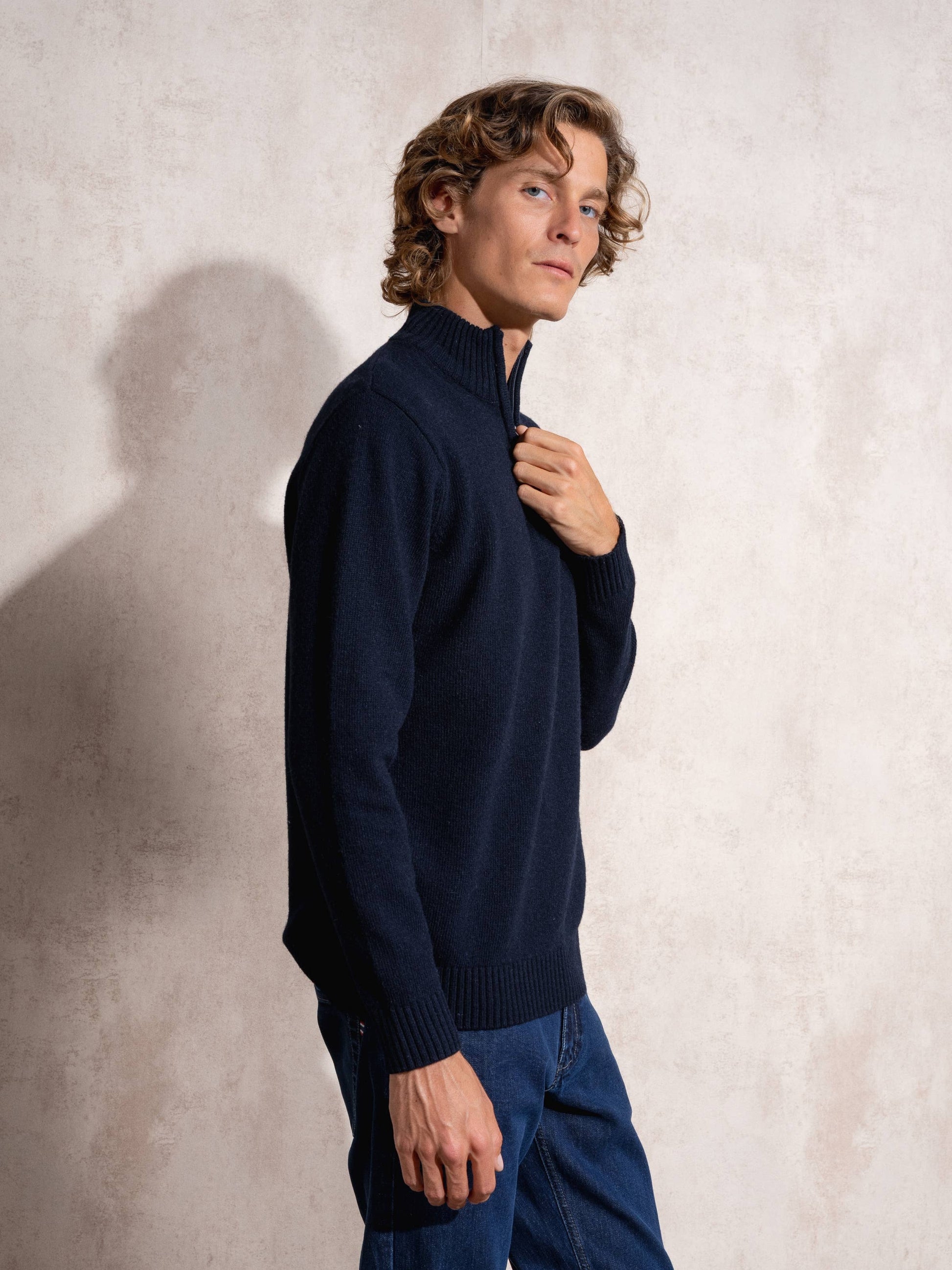 Maglione polo in cotone con mezza zip da uomo