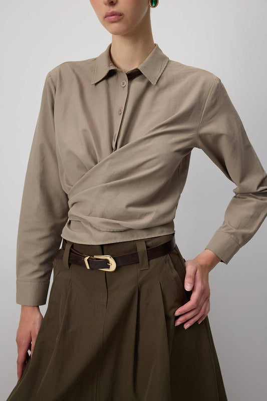 Camicia avvolgente in popeline di cotone color visone