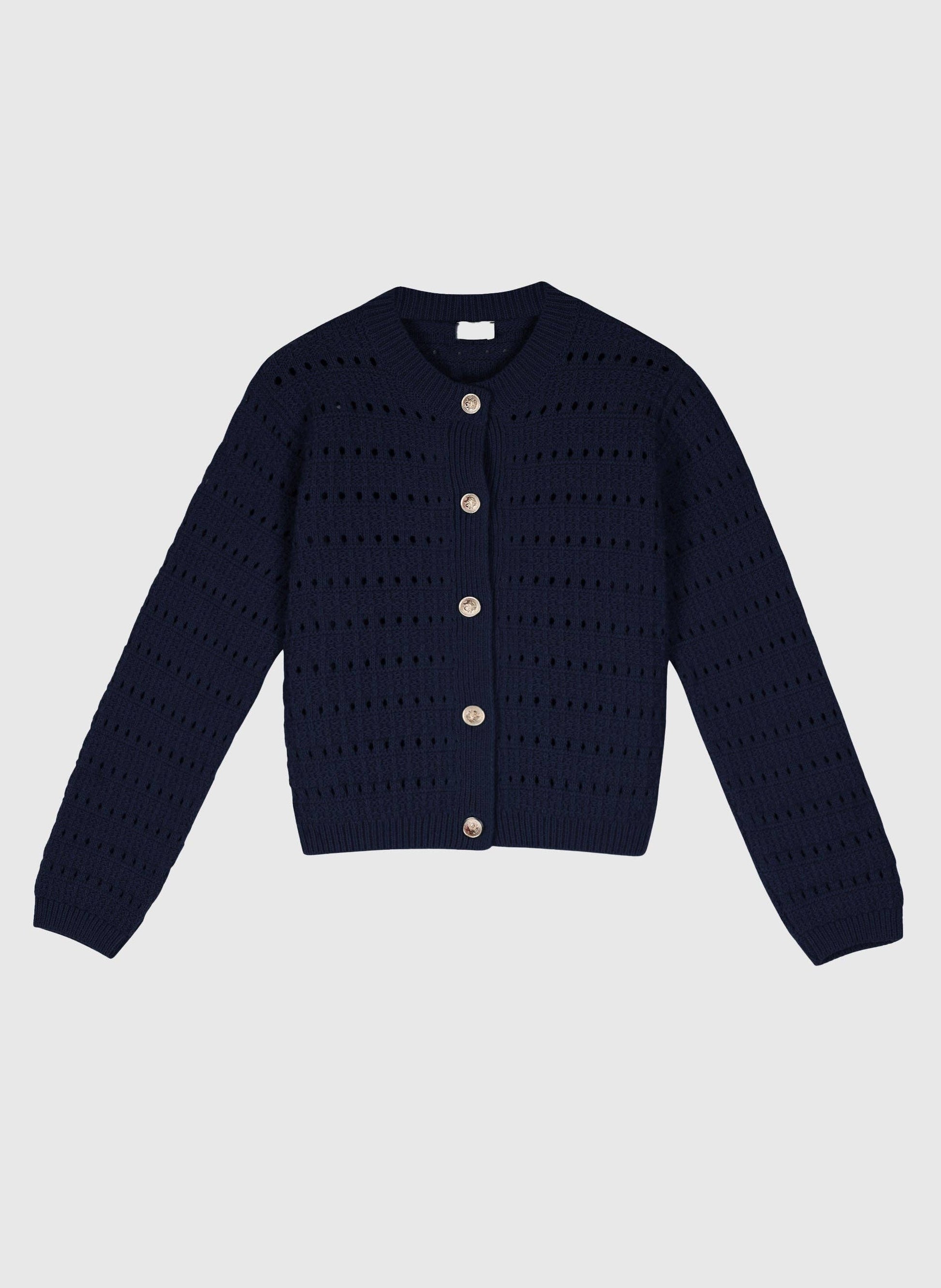 Cardigan in maglia traforata blu navy con bottoni dorati