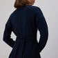 Abito lungo blu navy con drappeggio e cintura