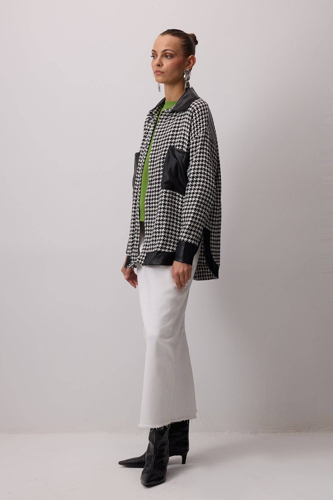 Camicia overshirt pied-de-poule con dettagli effetto pelle