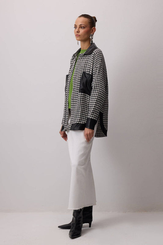 Camicia overshirt pied-de-poule con dettagli effetto pelle