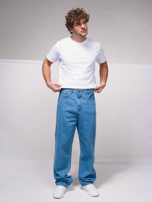Jeans dritti in cotone a vita alta 5 tasche