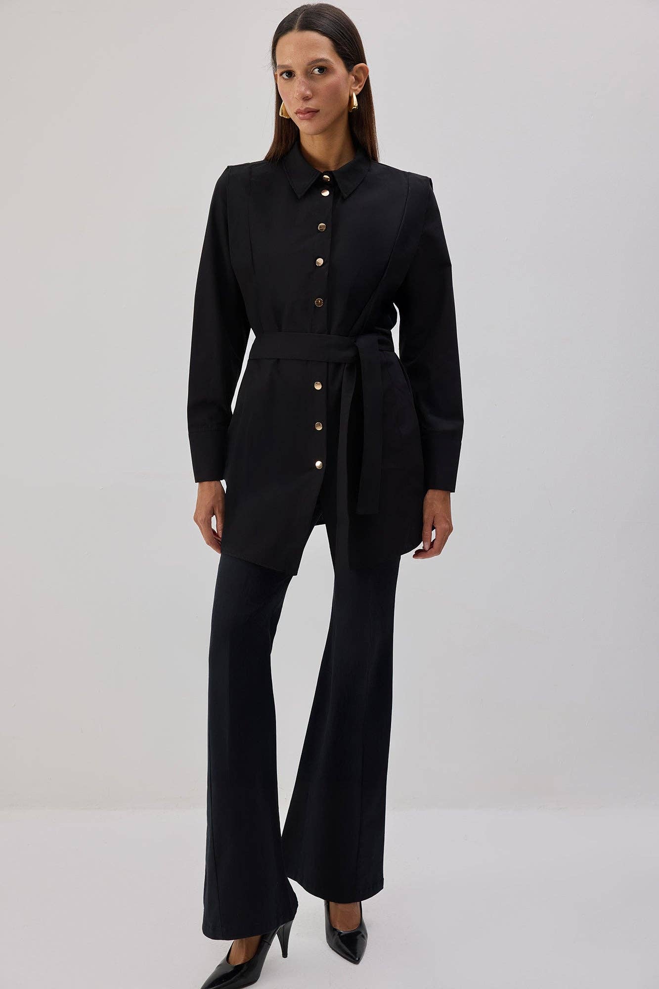 Camicia lunga in popeline con cintura