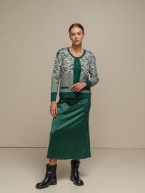 Cardigan donna in maglia jacquard animalier bicolore