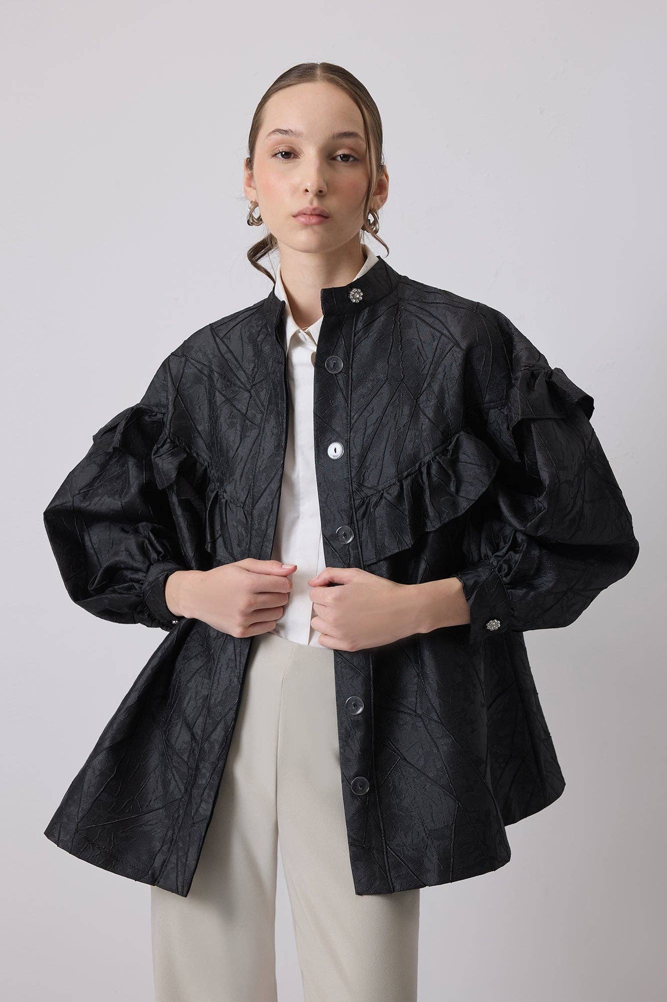 Giacca jacquard oversize con volant