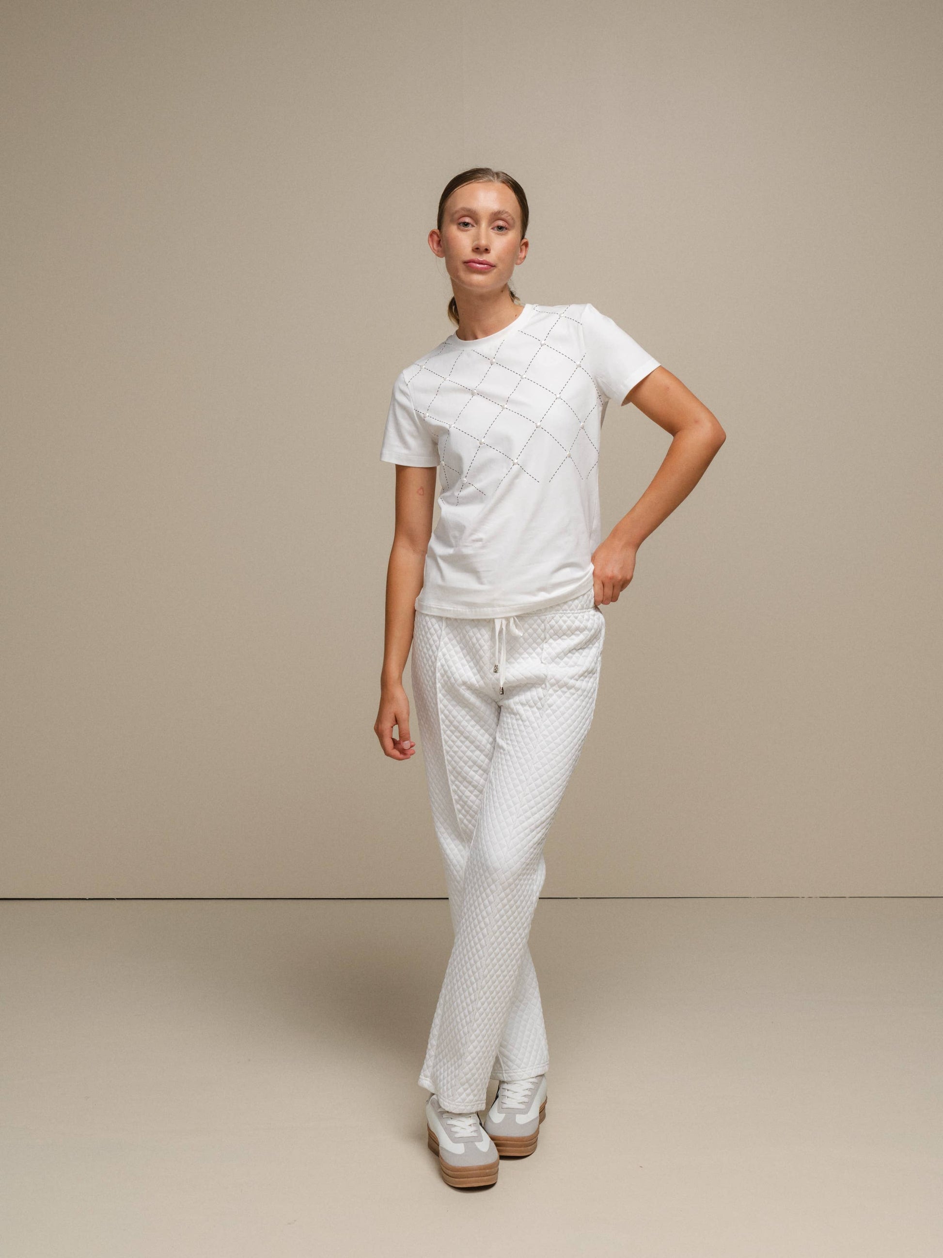 T-shirt Donna in Cotone Elasticizzato con Motivo a Rombi e Perle