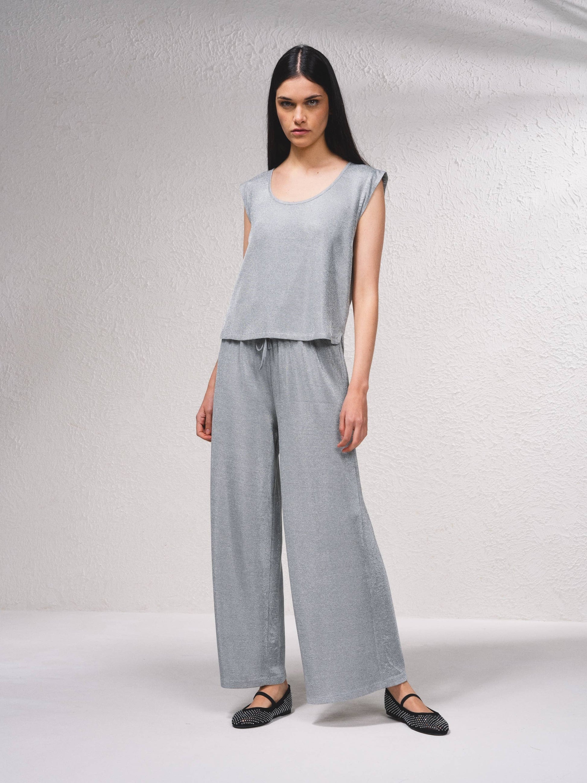 T-shirt in lurex metallizzato con maniche ad aletta