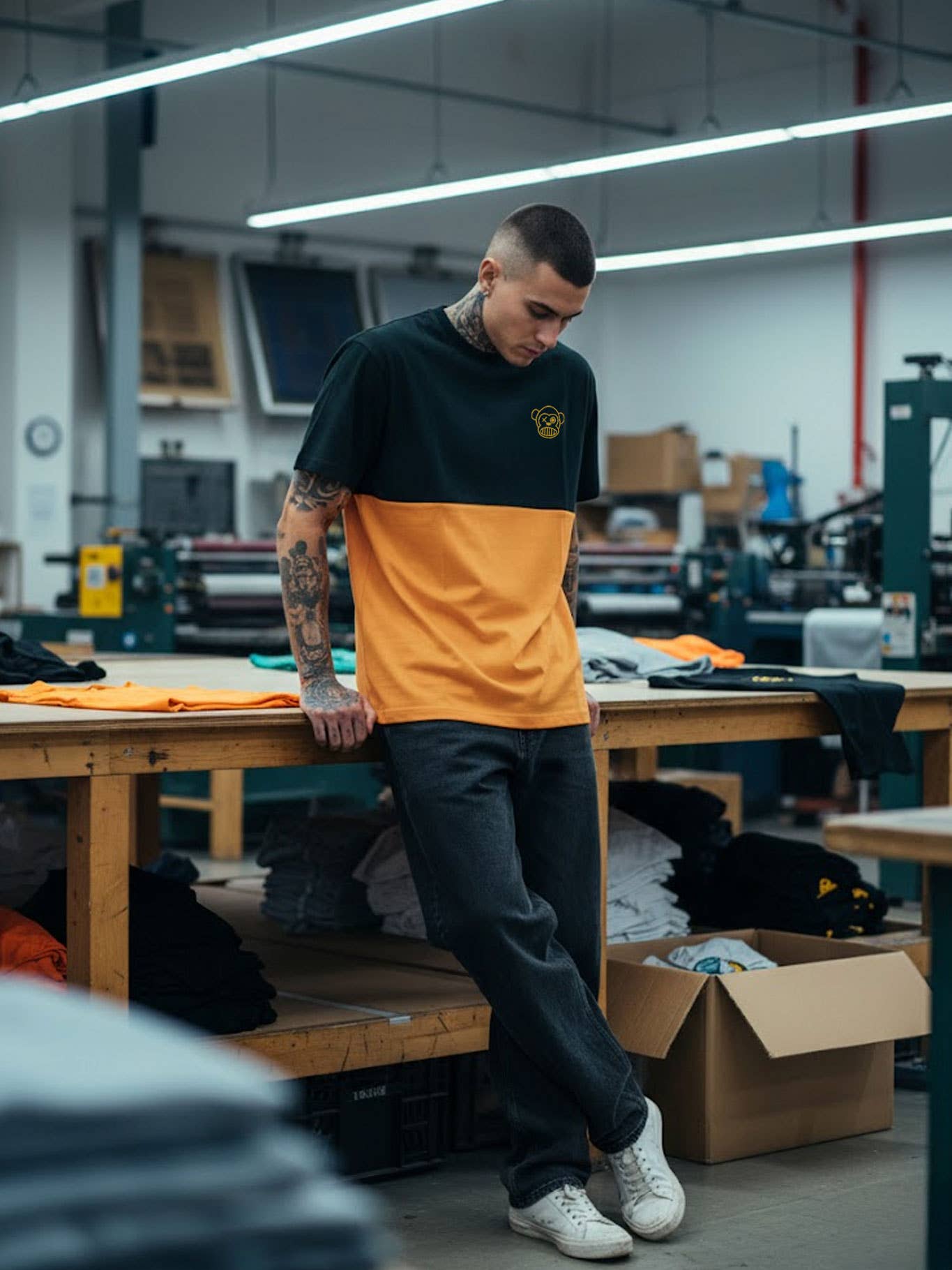 T-shirt Unisex Puro Loco Ricamata Bicolor Senape/Nero