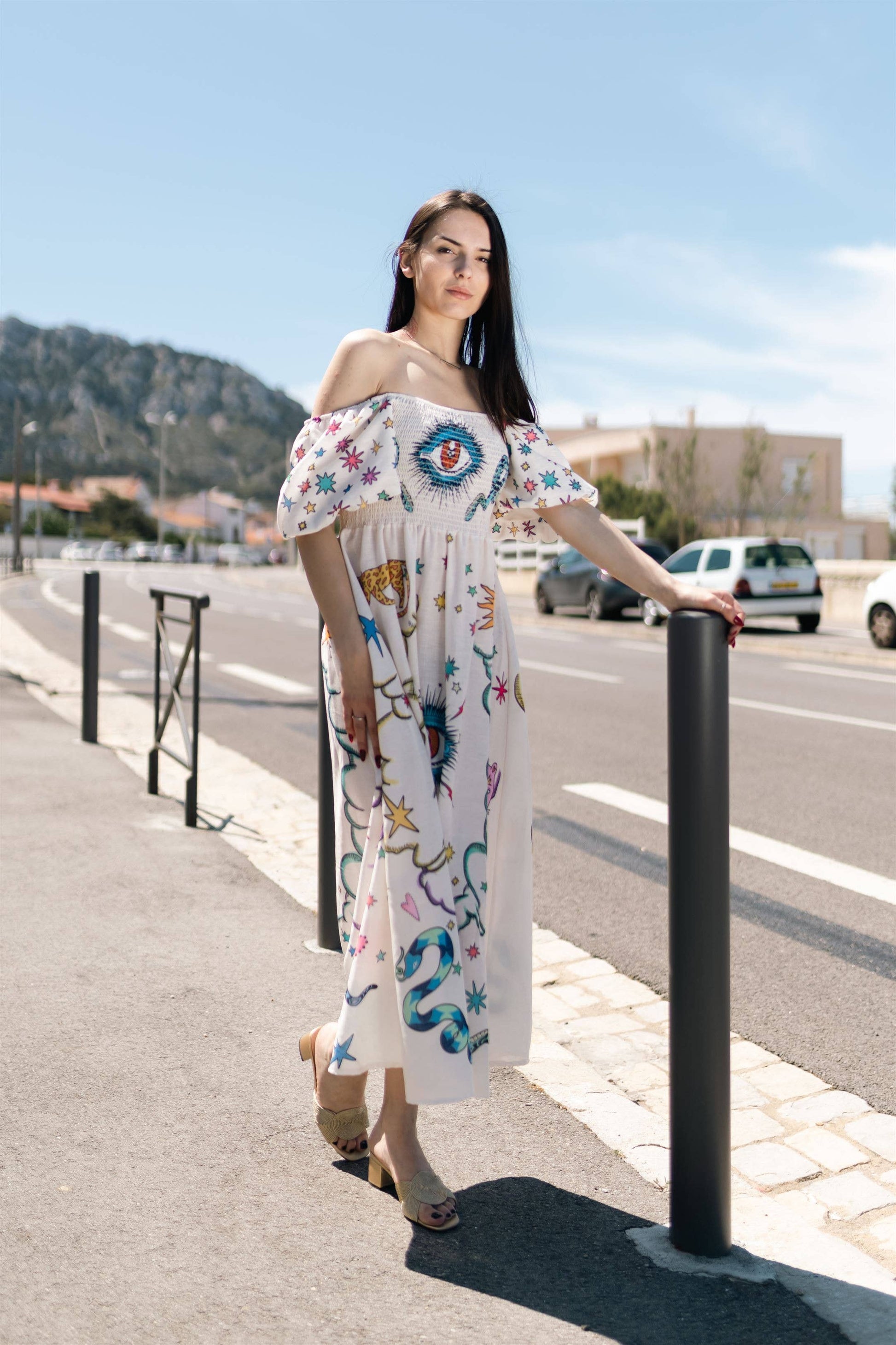 Abito lungo boho stampato con maniche a palloncino